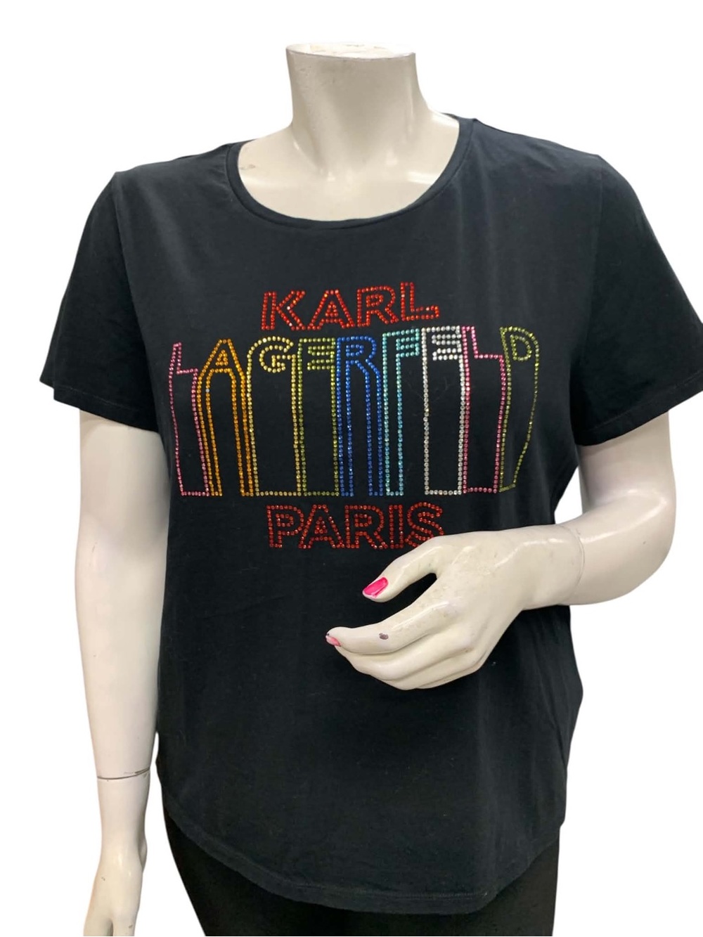 KARL LAGERFELD Paris Black Tee with Rainbow Stud Logo Size XL
